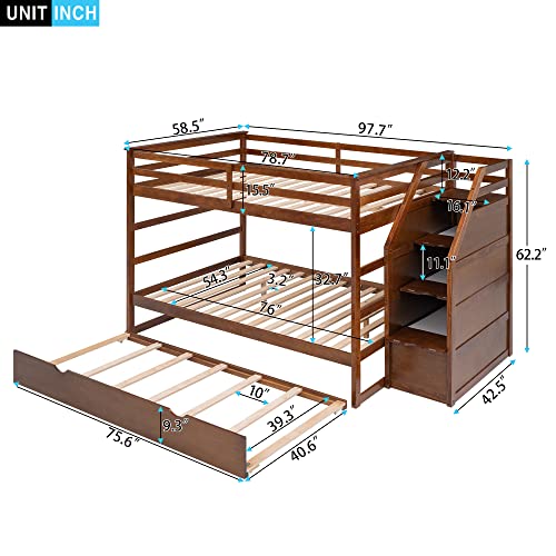 ODC Full Over Full Bunk Bed with Trundle,Solid Wood Stairway Bunk Bed with Twin Size Trundle and 3 Storage Stairs, Full Length Guardrail for Guests Room,Bedroom