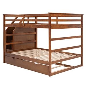 ODC Full Over Full Bunk Bed with Trundle,Solid Wood Stairway Bunk Bed with Twin Size Trundle and 3 Storage Stairs, Full Length Guardrail for Guests Room,Bedroom