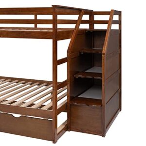 ODC Full Over Full Bunk Bed with Trundle,Solid Wood Stairway Bunk Bed with Twin Size Trundle and 3 Storage Stairs, Full Length Guardrail for Guests Room,Bedroom