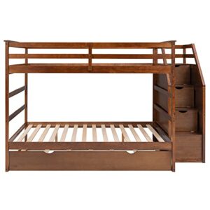 ODC Full Over Full Bunk Bed with Trundle,Solid Wood Stairway Bunk Bed with Twin Size Trundle and 3 Storage Stairs, Full Length Guardrail for Guests Room,Bedroom