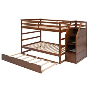 ODC Full Over Full Bunk Bed with Trundle,Solid Wood Stairway Bunk Bed with Twin Size Trundle and 3 Storage Stairs, Full Length Guardrail for Guests Room,Bedroom