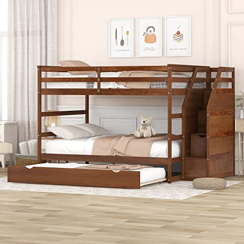 ODC Full Over Full Bunk Bed with Trundle,Solid Wood Stairway Bunk Bed with Twin Size Trundle and 3 Storage Stairs, Full Length Guardrail for Guests Room,Bedroom