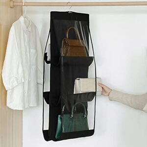 muvtioc 1 pack hanging handbag purse organizer,breathable polyester fiber+pvc closet organizers and storage,6 easy access pockets,washable foldable and universal fit(black)