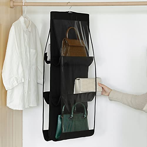 Muvtioc 1 Pack Hanging Handbag Purse Organizer,Breathable Polyester Fiber+PVC Closet Organizers and Storage,6 Easy Access Pockets,Washable Foldable and Universal Fit(Black)