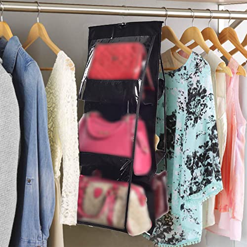 Muvtioc 1 Pack Hanging Handbag Purse Organizer,Breathable Polyester Fiber+PVC Closet Organizers and Storage,6 Easy Access Pockets,Washable Foldable and Universal Fit(Black)