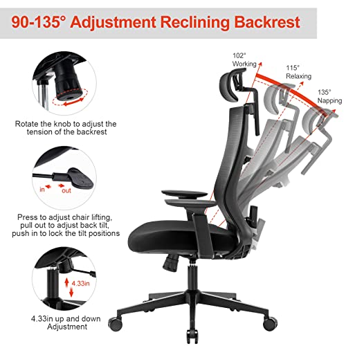 Ergonomic Home Task Chair,Adjustable Big Home Office Chairs with Lumbar Support,Breathable Fishnet Mesh Backrest Computer Chair with Adjust Headrest,Tall ,Black