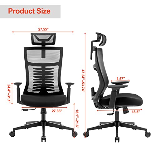 Ergonomic Home Task Chair,Adjustable Big Home Office Chairs with Lumbar Support,Breathable Fishnet Mesh Backrest Computer Chair with Adjust Headrest,Tall ,Black