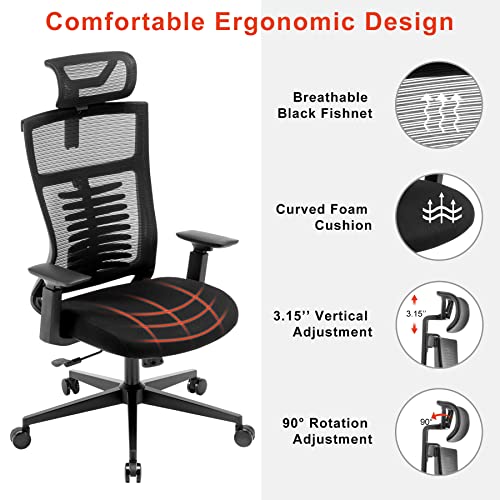 Ergonomic Home Task Chair,Adjustable Big Home Office Chairs with Lumbar Support,Breathable Fishnet Mesh Backrest Computer Chair with Adjust Headrest,Tall ,Black