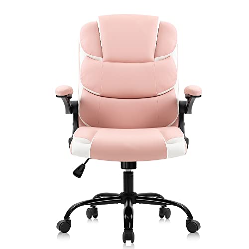 LUKEO Office Chairs Pink Desk Chair with Arms PU Leather Computer Chair for