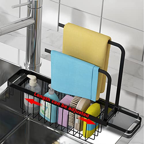 BOOMSHY Sponge Holder for Kitchen Sink Movable Sponge Holder Brush Holder Dish Cloth Hanger Hanging Sink Caddy Small in Sink Organizer Accessories Rack Basket (Black*Telescopic Style)