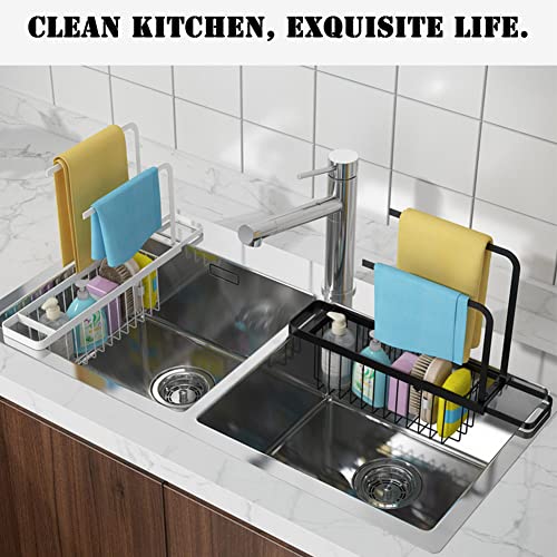 BOOMSHY Sponge Holder for Kitchen Sink Movable Sponge Holder Brush Holder Dish Cloth Hanger Hanging Sink Caddy Small in Sink Organizer Accessories Rack Basket (Black*Telescopic Style)