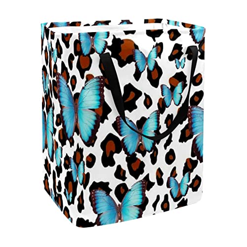 Blue Butterfly on Animal Background Print Collapsible Laundry Hamper, 60L Waterproof Laundry Baskets Washing Bin Clothes Toys Storage for Dorm Bathroom Bedroom