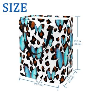 Blue Butterfly on Animal Background Print Collapsible Laundry Hamper, 60L Waterproof Laundry Baskets Washing Bin Clothes Toys Storage for Dorm Bathroom Bedroom