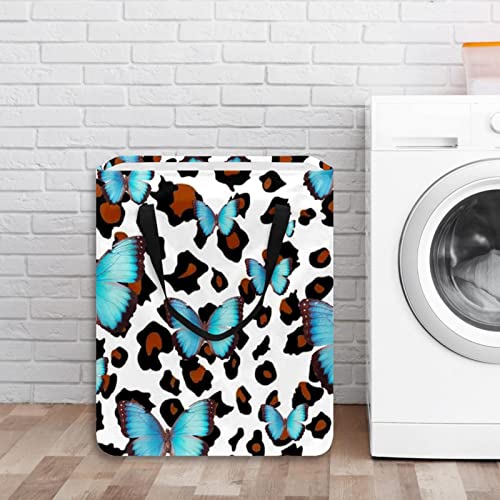 Blue Butterfly on Animal Background Print Collapsible Laundry Hamper, 60L Waterproof Laundry Baskets Washing Bin Clothes Toys Storage for Dorm Bathroom Bedroom