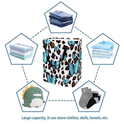 Blue Butterfly on Animal Background Print Collapsible Laundry Hamper, 60L Waterproof Laundry Baskets Washing Bin Clothes Toys Storage for Dorm Bathroom Bedroom