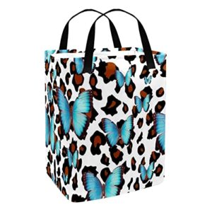 Blue Butterfly on Animal Background Print Collapsible Laundry Hamper, 60L Waterproof Laundry Baskets Washing Bin Clothes Toys Storage for Dorm Bathroom Bedroom