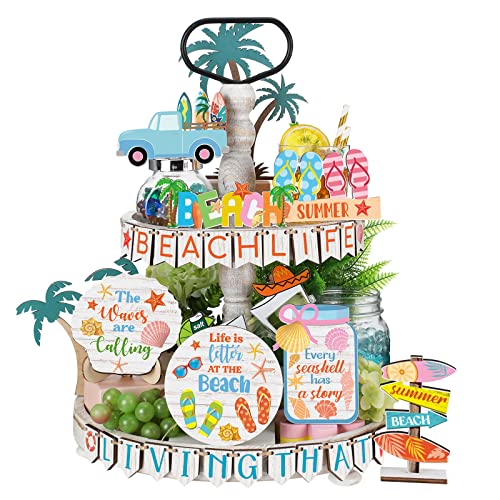 31 Pcs Summer Hawaii Tiered Tray Decor Beach Summer Farmhouse Decor Wood Rustic Beach Tiered Tray Decorations Coastal Summer Wooden Sign with Slippers Sunshine for Kitchen Table Shelf Home Party