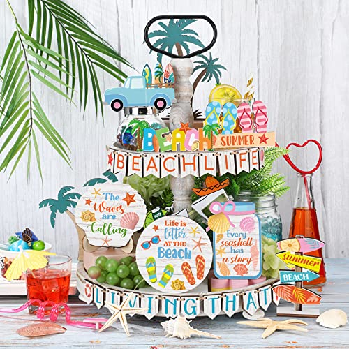 31 Pcs Summer Hawaii Tiered Tray Decor Beach Summer Farmhouse Decor Wood Rustic Beach Tiered Tray Decorations Coastal Summer Wooden Sign with Slippers Sunshine for Kitchen Table Shelf Home Party