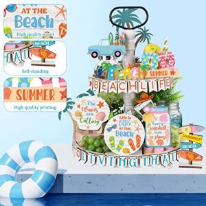 31 Pcs Summer Hawaii Tiered Tray Decor Beach Summer Farmhouse Decor Wood Rustic Beach Tiered Tray Decorations Coastal Summer Wooden Sign with Slippers Sunshine for Kitchen Table Shelf Home Party