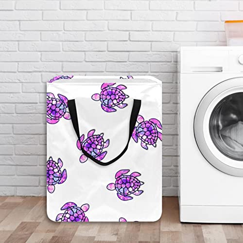 Sea Turtle Purple Color Print Collapsible Laundry Hamper, 60L Waterproof Laundry Baskets Washing Bin Clothes Toys Storage for Dorm Bathroom Bedroom