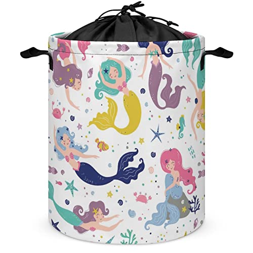 Funny Mermaids Laundry Hamper Collapsible Laundry Basket with Drawstring Waterproof Ocean Stars Toys Storage Basket with Handle, 14x17.3 Inches