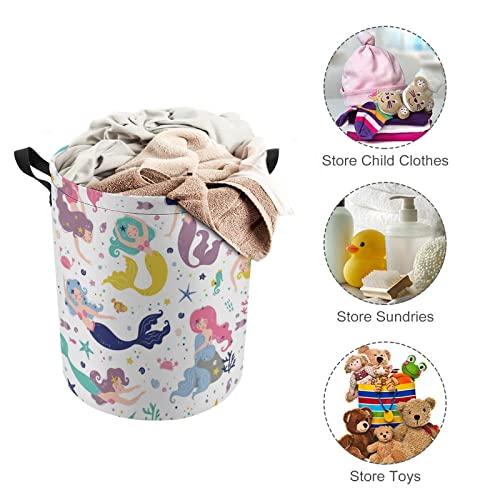 Funny Mermaids Laundry Hamper Collapsible Laundry Basket with Drawstring Waterproof Ocean Stars Toys Storage Basket with Handle, 14x17.3 Inches