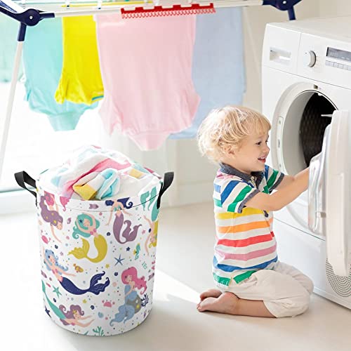 Funny Mermaids Laundry Hamper Collapsible Laundry Basket with Drawstring Waterproof Ocean Stars Toys Storage Basket with Handle, 14x17.3 Inches