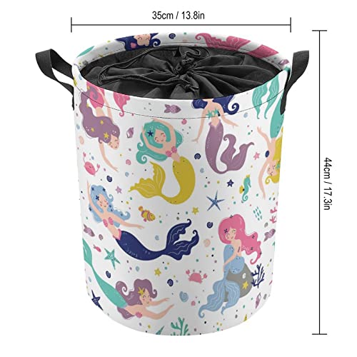 Funny Mermaids Laundry Hamper Collapsible Laundry Basket with Drawstring Waterproof Ocean Stars Toys Storage Basket with Handle, 14x17.3 Inches