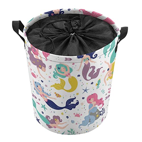 Funny Mermaids Laundry Hamper Collapsible Laundry Basket with Drawstring Waterproof Ocean Stars Toys Storage Basket with Handle, 14x17.3 Inches