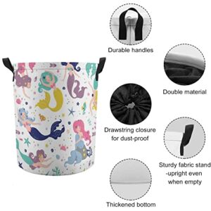 Funny Mermaids Laundry Hamper Collapsible Laundry Basket with Drawstring Waterproof Ocean Stars Toys Storage Basket with Handle, 14x17.3 Inches