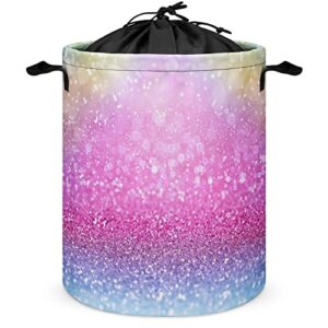 rainbow glitter mermaid laundry hamper collapsible laundry basket with drawstring waterproof unicorn pony toys storage basket with handle, 14x17.3 inches