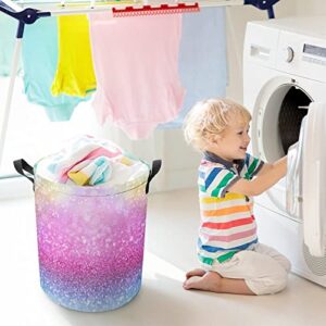 Rainbow Glitter Mermaid Laundry Hamper Collapsible Laundry Basket with Drawstring Waterproof Unicorn Pony Toys Storage Basket with Handle, 14x17.3 Inches