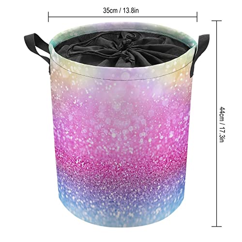 Rainbow Glitter Mermaid Laundry Hamper Collapsible Laundry Basket with Drawstring Waterproof Unicorn Pony Toys Storage Basket with Handle, 14x17.3 Inches