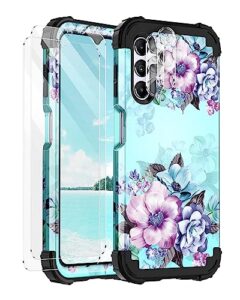 casetego for galaxy a14 5g case,[2 pack tempered screen protector+2 pack camera lens protector],floral three layer heavy duty sturdy shockproof full body protective case for samsung a14,blue flower