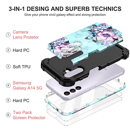 Casetego for Galaxy A14 5G Case,[2 Pack Tempered Screen Protector+2 Pack Camera Lens Protector],Floral Three Layer Heavy Duty Sturdy Shockproof Full Body Protective Case for Samsung A14,Blue Flower