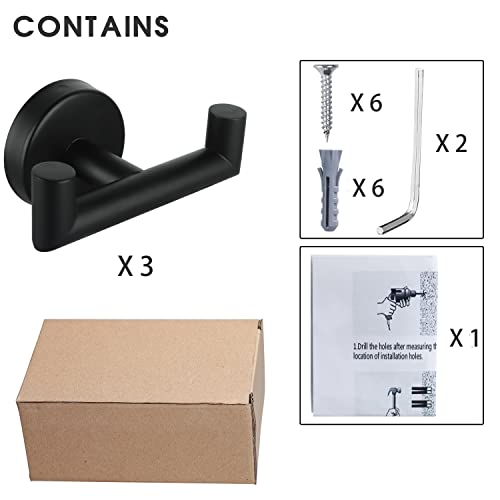 3 Pack Double Towel Hooks for Bathroom Matte Black Wall Mount Robe Hook Towel Holder for Kitchen Bathroom Hallway Toilet Pool for Hanging Towels, Robe, Coat, Clothes,Bags, Sponges