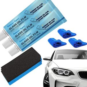 longluan car glass oil film cleaner, glass film removal cream with sponge and towel, universal car windshield oil film cleaner, glass stripper water spot remover, safety and long-term protection (3)