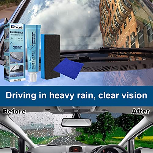 LONGLUAN Car Glass Oil Film Cleaner, Glass Film Removal Cream with Sponge and Towel, Universal Car Windshield Oil Film Cleaner, Glass Stripper Water Spot Remover, Safety and Long-term Protection (3)