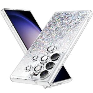 caka [1+5] for galaxy s23 ultra case, s23 ultra case glitter with camera lens protector for women girls girly sparkle bling liquid phone case for samsung galaxy s23 ultra 5g - clear silver