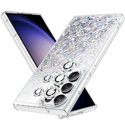 Caka [1+5] for Galaxy S23 Ultra Case, S23 Ultra Case Glitter with Camera Lens Protector for Women Girls Girly Sparkle Bling Liquid Phone Case for Samsung Galaxy S23 Ultra 5G - Clear Silver