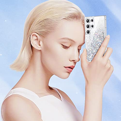 Caka [1+5] for Galaxy S23 Ultra Case, S23 Ultra Case Glitter with Camera Lens Protector for Women Girls Girly Sparkle Bling Liquid Phone Case for Samsung Galaxy S23 Ultra 5G - Clear Silver