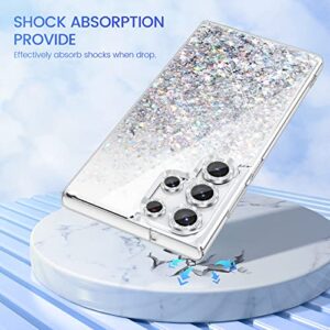 Caka [1+5] for Galaxy S23 Ultra Case, S23 Ultra Case Glitter with Camera Lens Protector for Women Girls Girly Sparkle Bling Liquid Phone Case for Samsung Galaxy S23 Ultra 5G - Clear Silver