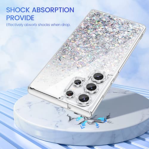 Caka [1+5] for Galaxy S23 Ultra Case, S23 Ultra Case Glitter with Camera Lens Protector for Women Girls Girly Sparkle Bling Liquid Phone Case for Samsung Galaxy S23 Ultra 5G - Clear Silver