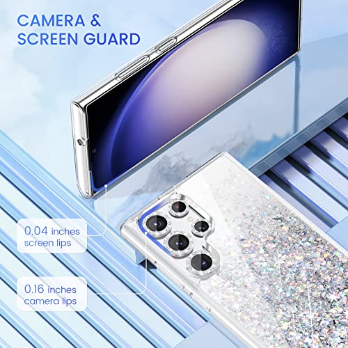 Caka [1+5] for Galaxy S23 Ultra Case, S23 Ultra Case Glitter with Camera Lens Protector for Women Girls Girly Sparkle Bling Liquid Phone Case for Samsung Galaxy S23 Ultra 5G - Clear Silver