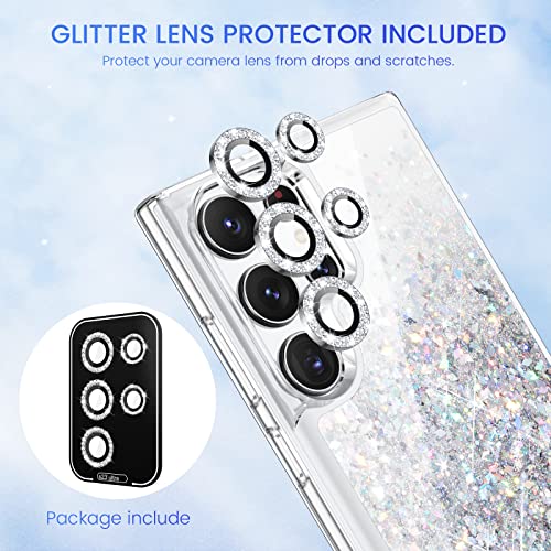 Caka [1+5] for Galaxy S23 Ultra Case, S23 Ultra Case Glitter with Camera Lens Protector for Women Girls Girly Sparkle Bling Liquid Phone Case for Samsung Galaxy S23 Ultra 5G - Clear Silver