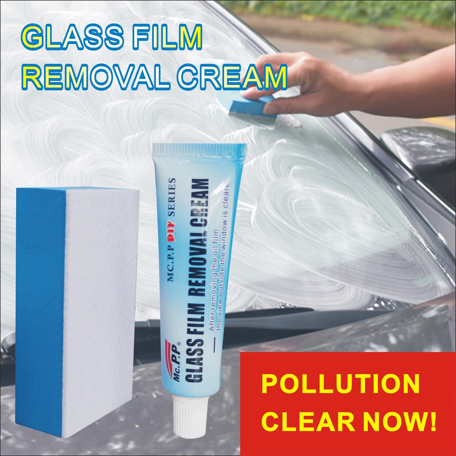 LONGLUAN Car Glass Oil Film Cleaner - Glass Film Removal Cream - Car Glass Oil Film Cleaner Safety and Long-term Protection - Glass Stripper Water Spot Remover with Sponge and Towel (3)