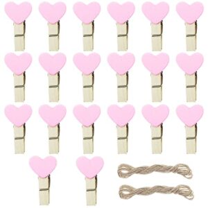 FAZHBARY Pink Heart Clothespins Mini Wooden Clothespins with Jute Twine Small Valentine's Day Decorative Wood Peg Pin Craft Clips for Pictures Photo Memo Card