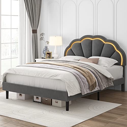 HIFIT Queen Upholstered Smart LED Bed Frame with Adjustable Elegant Flowers Headboard, Platform Bed Frame Queen Size with Wooden Slats Support, No Box Spring Needed, Easy Assembly, Grey