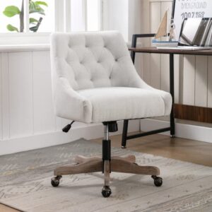 swivel home office chair, modern fabric upholstered tufted accent computer desk chair with ergonomic wide backrest and wooden legs, height adjustable swivel vanity chair for office, beige