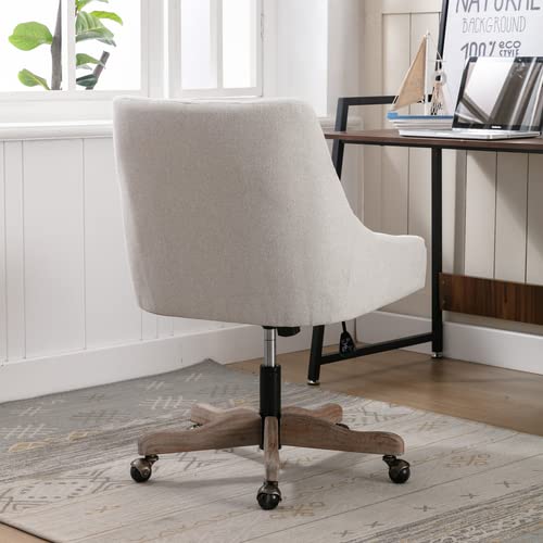 Swivel Home Office Chair, Modern Fabric Upholstered Tufted Accent Computer Desk Chair with Ergonomic Wide Backrest and Wooden Legs, Height Adjustable Swivel Vanity Chair for Office, Beige